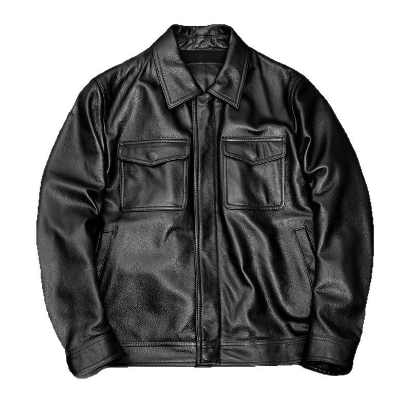 Męska kurtka ze skóry bydlęcej - Kołnierz wykładany, Krótki krój z bawełnianą podszewką, Duże rozmiary, Trend jesień/zima.