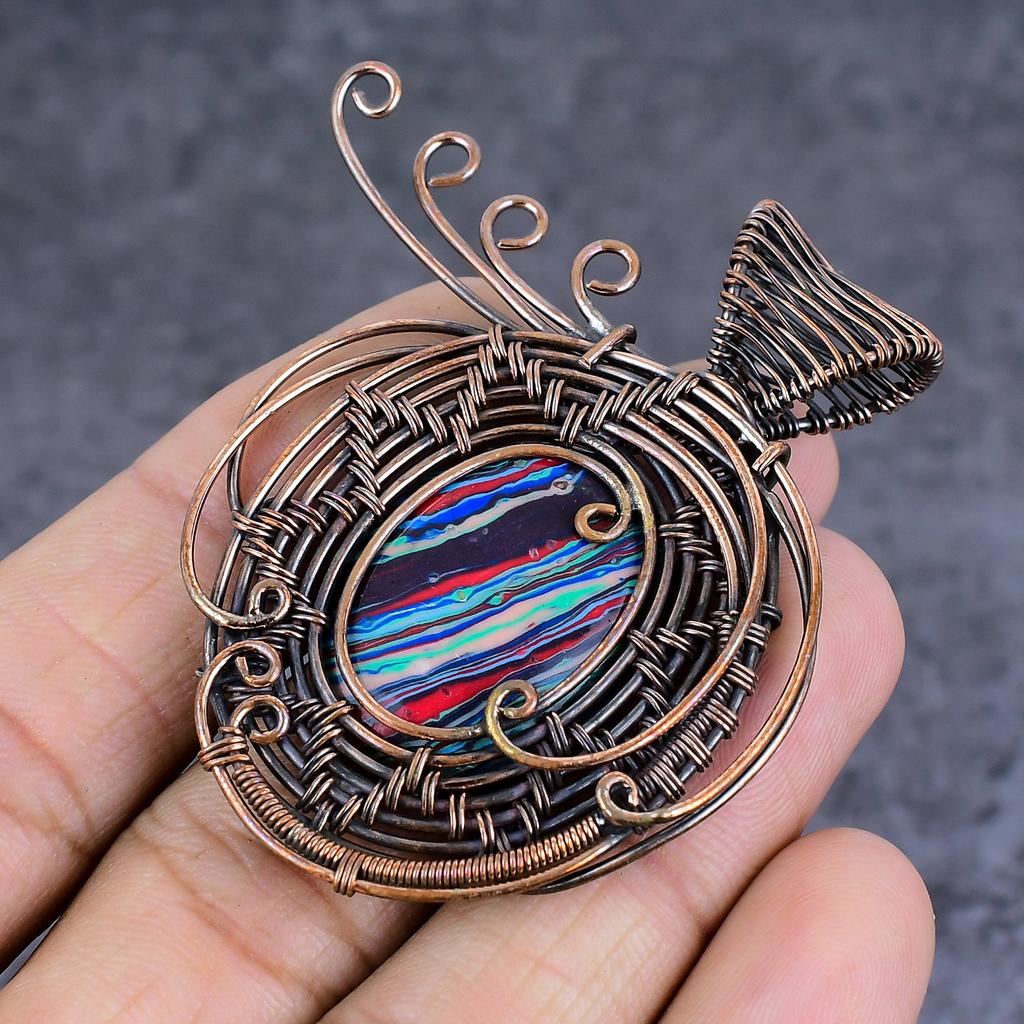 Natural Rainbow Calsilica Gemstone Copper Wire Wrap Jewelry Pendant 2.36" U8v18
