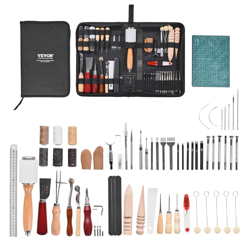 VEVOR Leather Working Tools Kit, 59 PCS Leather Craft Tools with Portable Canvas Storage Bag, Engraving Punching Sewing Stamping Sanding Tools