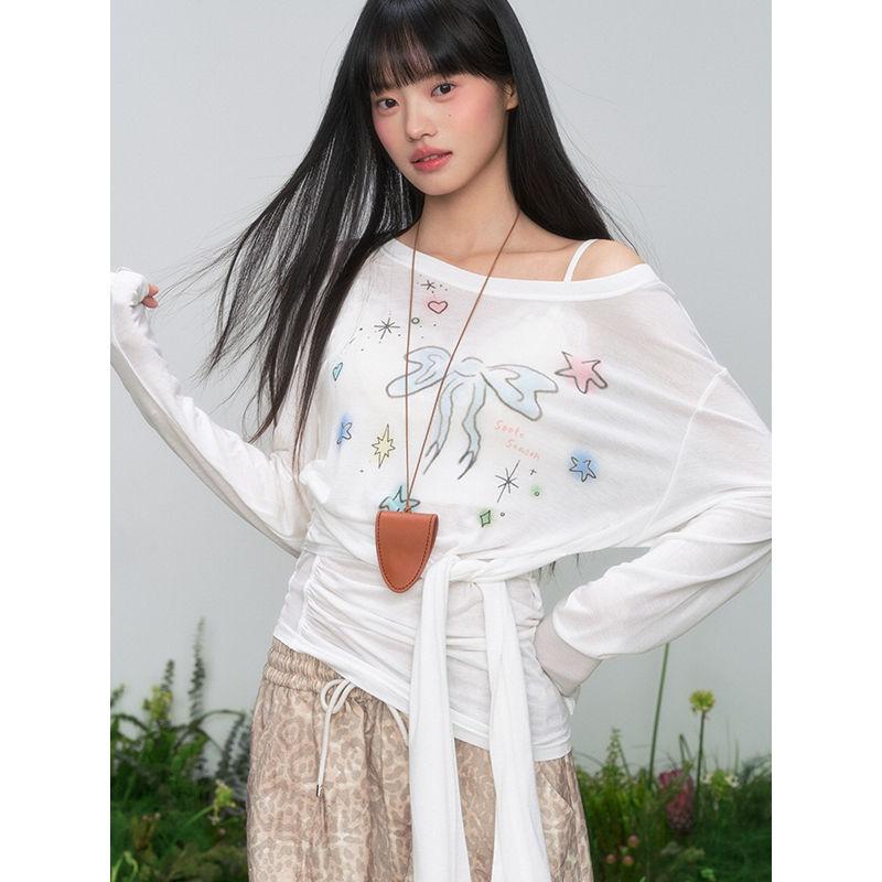 

Летняя тонкая рубашка на бретельках, защита от солнца, корейская, с открытыми плечами, с принтом, приталенная футболка с длинным рукавом, топ M белый