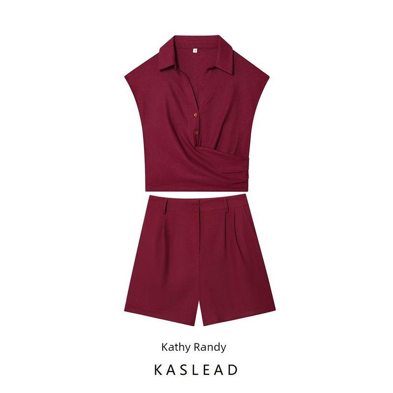 Kaslead New Women Clothes Western Style Blended Double Placket Top Casual Shorts 8026709 8249709