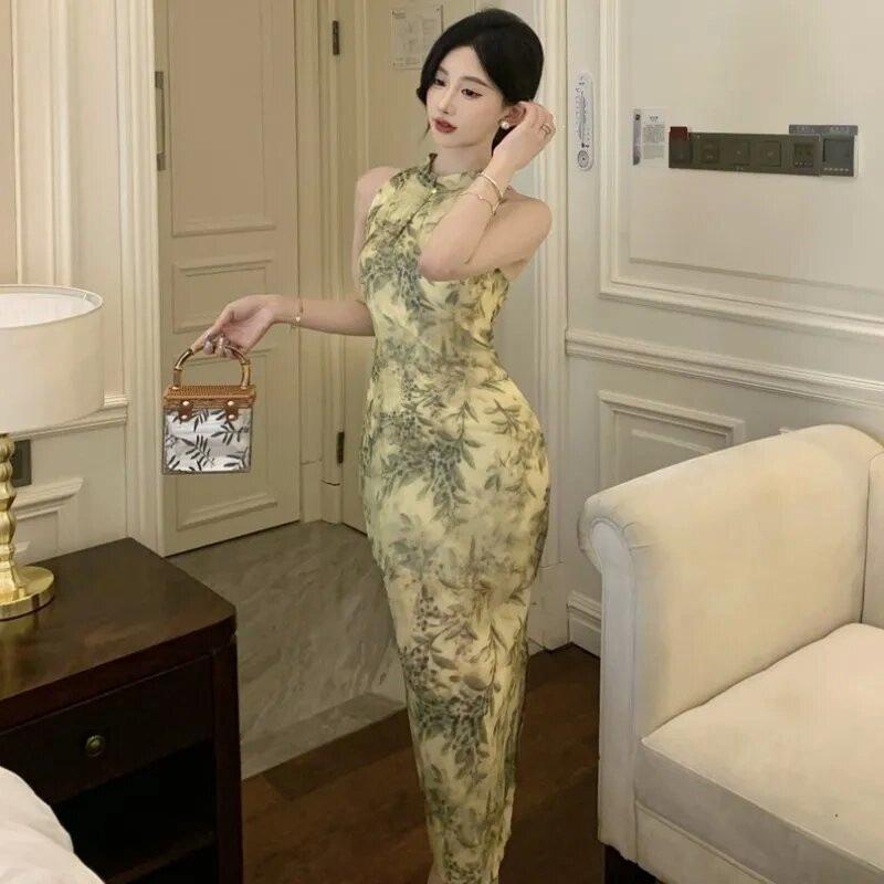 Temperament Elegant Hollow Open Shoulder Backless Floral Modified Cheongsam Dress Chinese Style Split Fork Waist Hip Wrap Dress