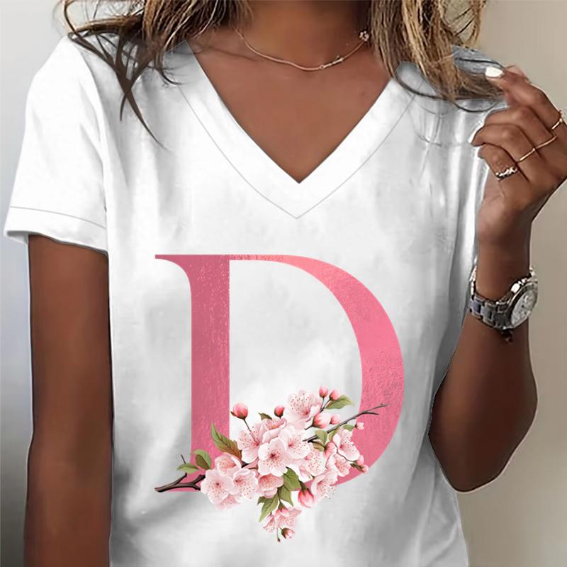 Pink Sakura Alphabet Graphic T Shirts Unisex Az 26 Alphabet Pink Flower Cartoon Tshirts Cherry Blossom Letters C Casual Tops