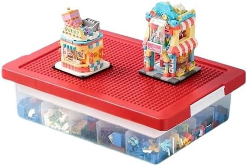 Lyyxjsltd Multifunctional Storage Box with Building Blocks, Toy Box with Dividers, Two-Tiered Mesh Storage Box for Lego Building Blocks, Transparent