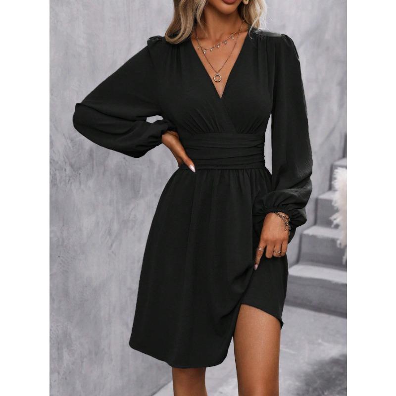 Autumn Winter V Neck Lantern Sleeve Pleated Waist Dress