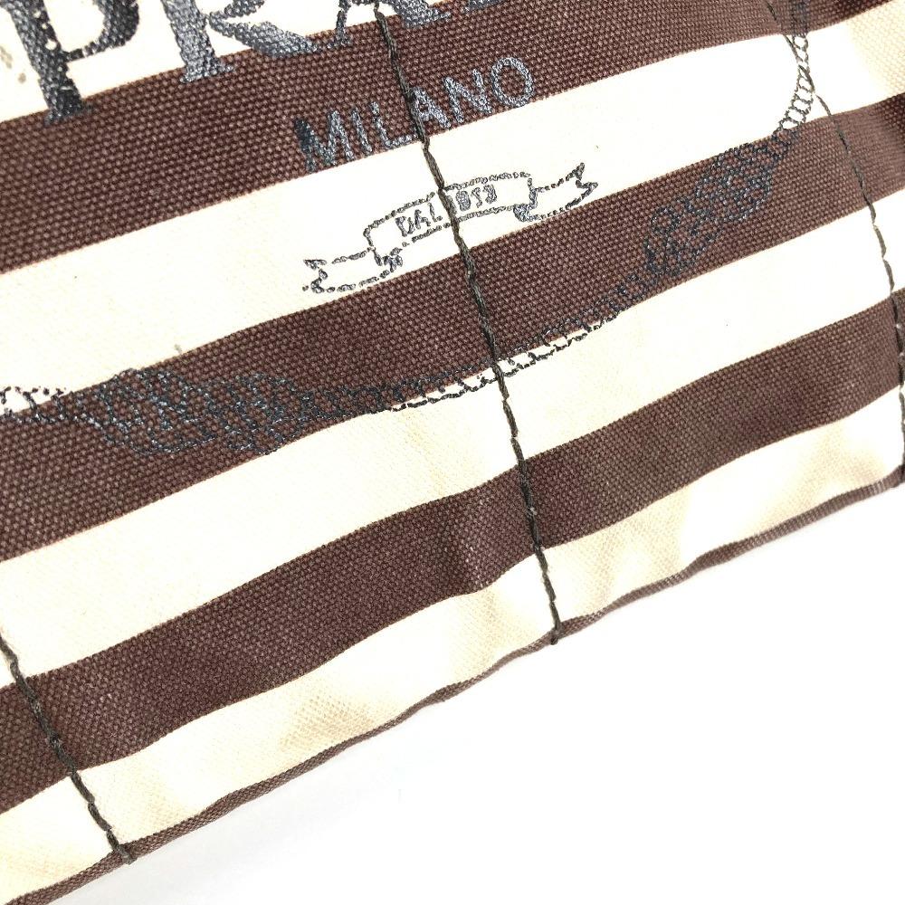 Prada Canapa Logo Border Bag Tote Bag Hand Bag Canvas Brown/White