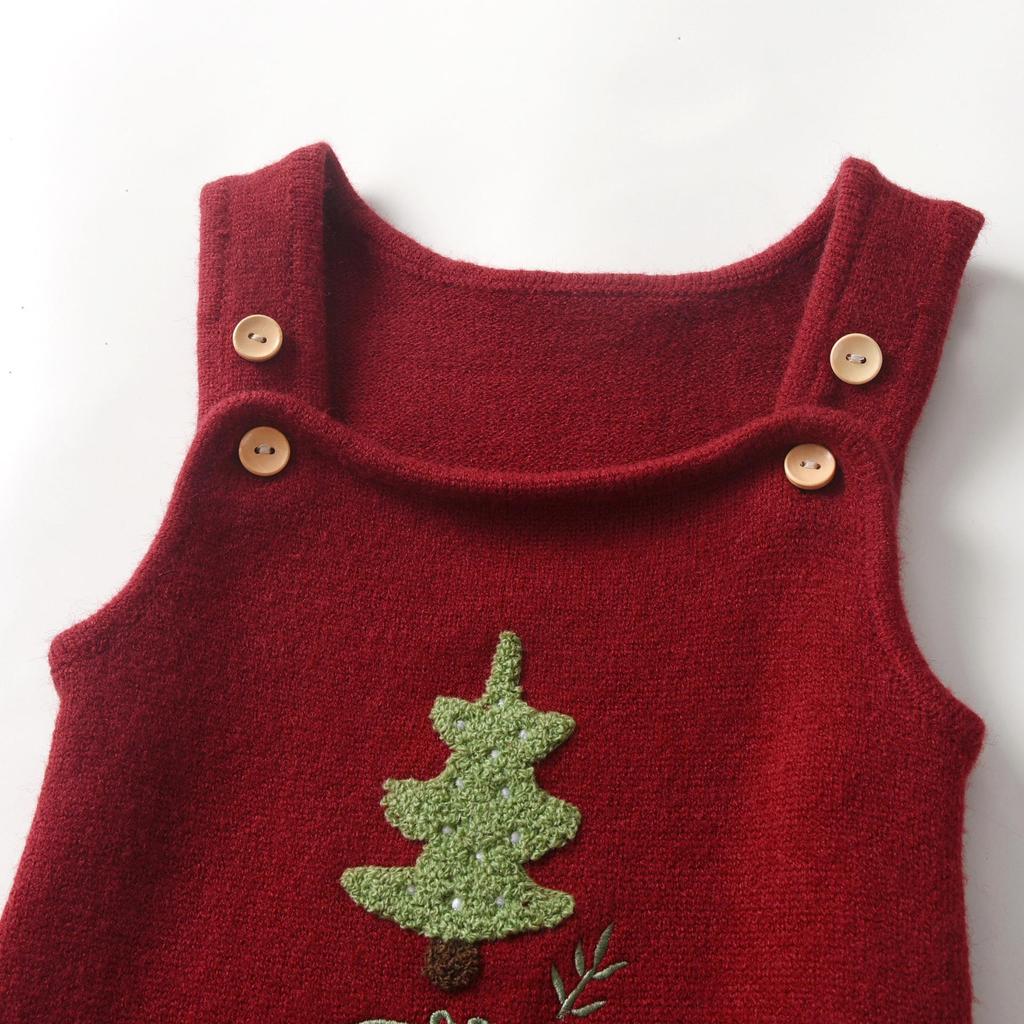 New Cross-Border Christmas Tree Knit Baby Jumpsuit - Wine Red Wool Double-Button Overalls