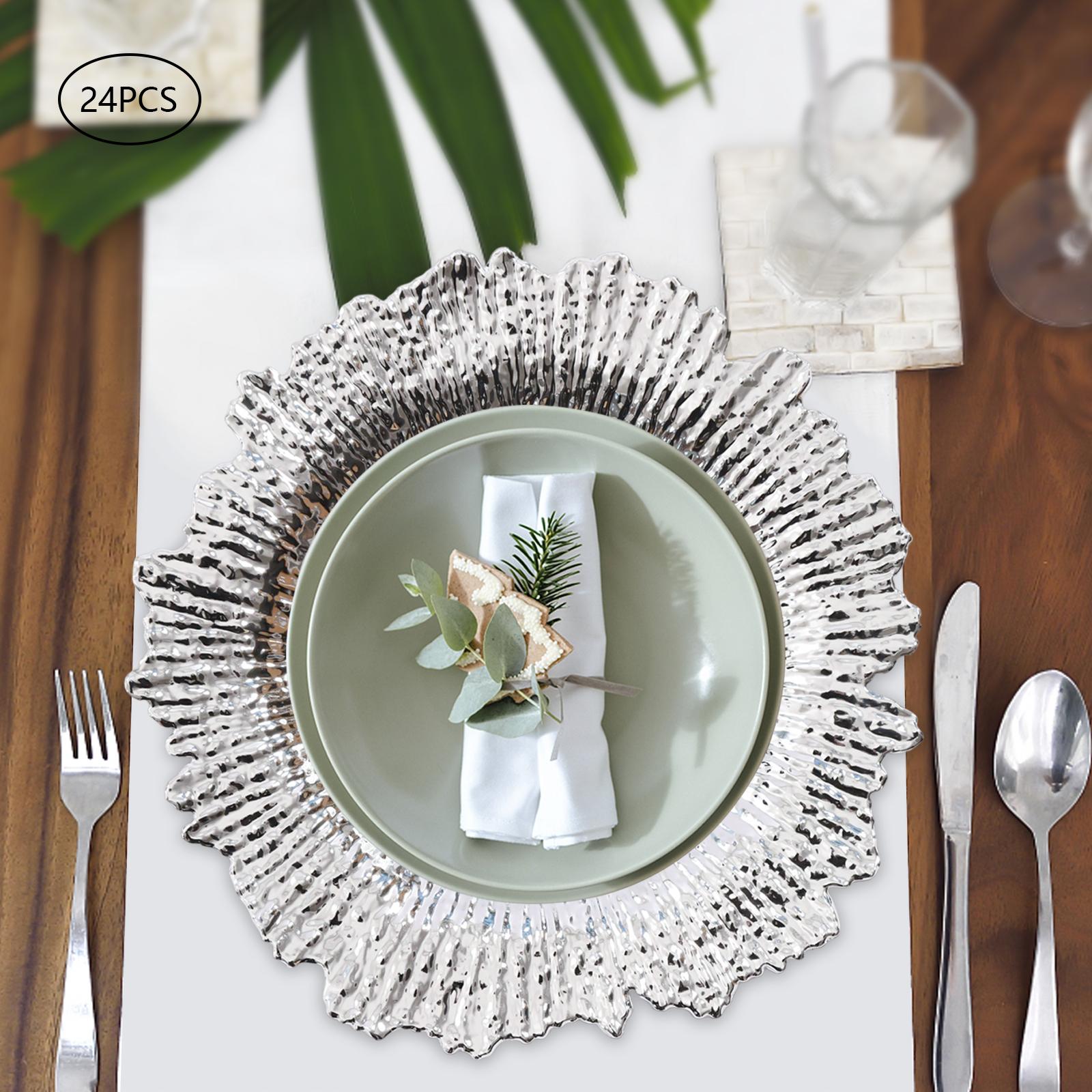 

Luxury Disposable Silver Plates for Party, 33cm Elegant Round Plastic Platters, 24-Pack Snowflake Design Dinnerware for Wedding серебряный