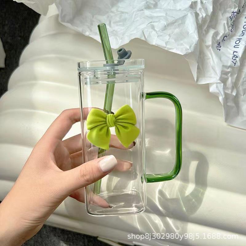 350ML Square Mug with Lids and Straws with Bow Water Cup Transparent Cup Milk Coffee Cups Glass Mug High Temperature Drinkware