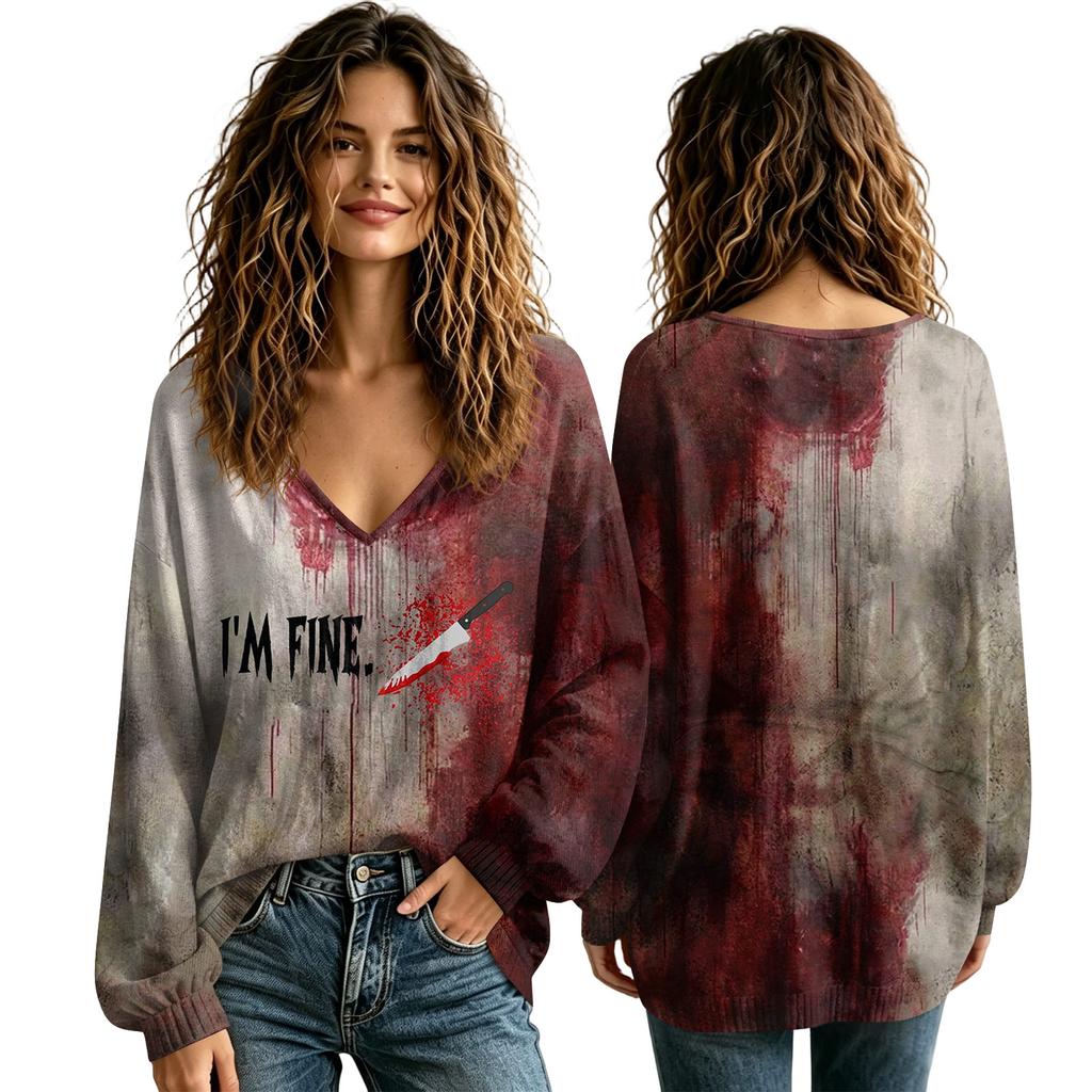 Women's V-Neck Halloween Fall Top for Seasonal Celebrations Comfortable Everyday Shirt