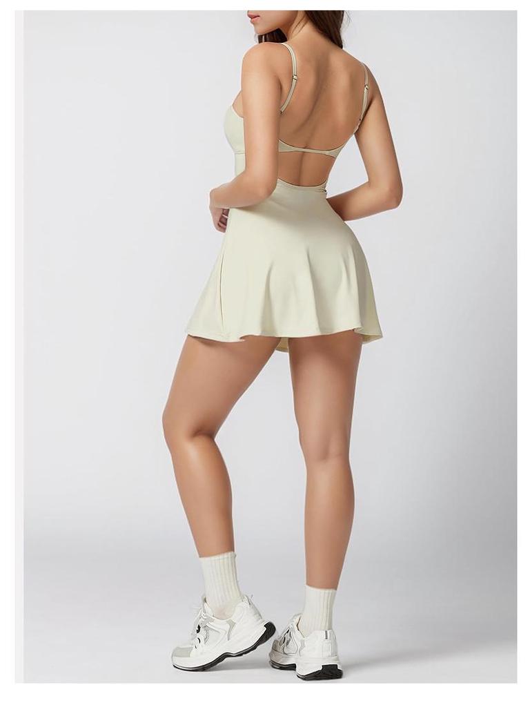 Yoga Fitness One-Piece Spaghetti Strap Tennis Dress with Chest Pad and Anti-Exposure Skirt