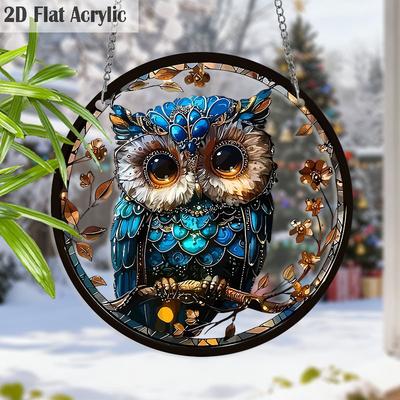Acrylic Blue Owl Christmas Suncatcher Stained Glass Effect Window Hanging Ornament Owl Lover Holiday Gifts