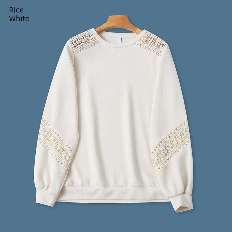 

Foreign Trade Spring Summer Women clothes Modal Hoodie round Neck Loose Slimming Hollow Design Sense Skin-friendly Drape Top Rice White M