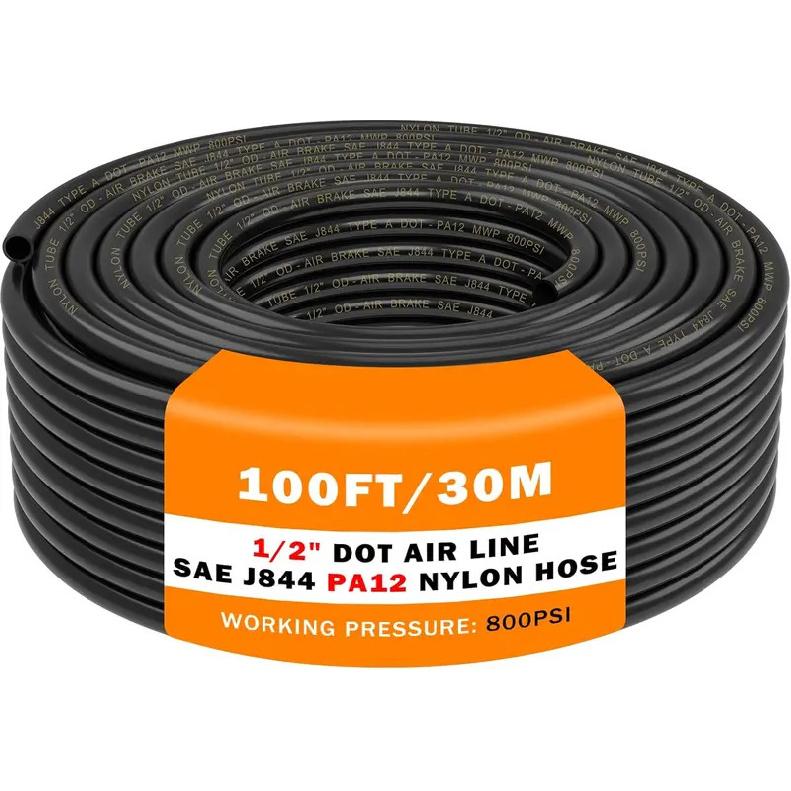 1/2 Inch DOT Air Hose, 100 FT Nylon Tubing for Pneumatic Systems, High-Pressure Resistance