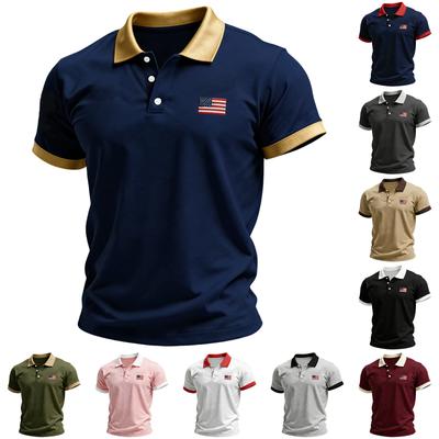 Men Short Sleeve Polo Shirt with Embroidered Flag Patch Collar and Cuffs Classic Fit Casual Top