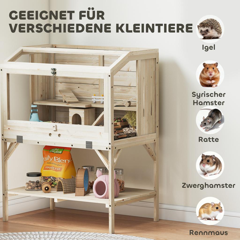 Hamster cage, 2 levels, small animal cage with storage compartment, accessories, 84 x 53 x 110 cm, natural wood