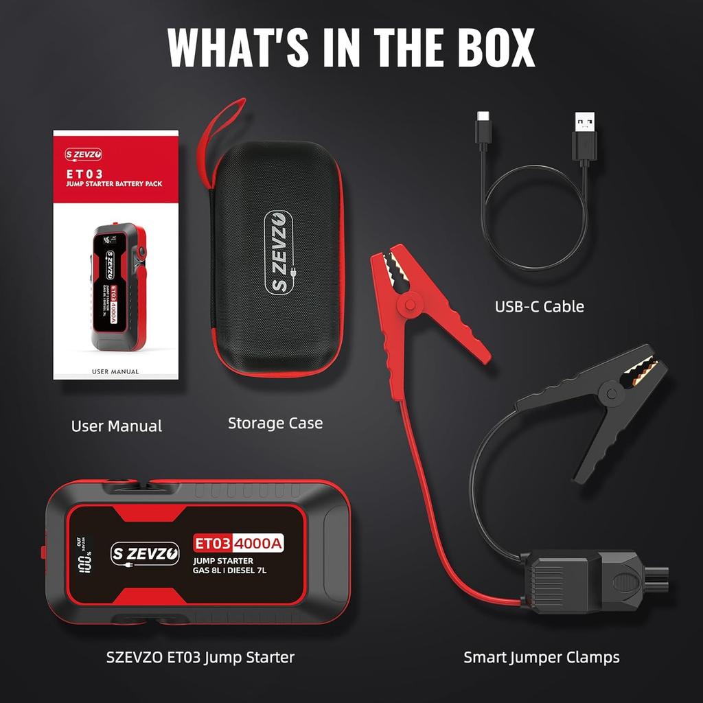 ET03 4000A Car Jump Starter 12V Battery Pack for 8.0L Gas/7.0L Diesel, 74Wh with USB, LCD, LED Light, Case