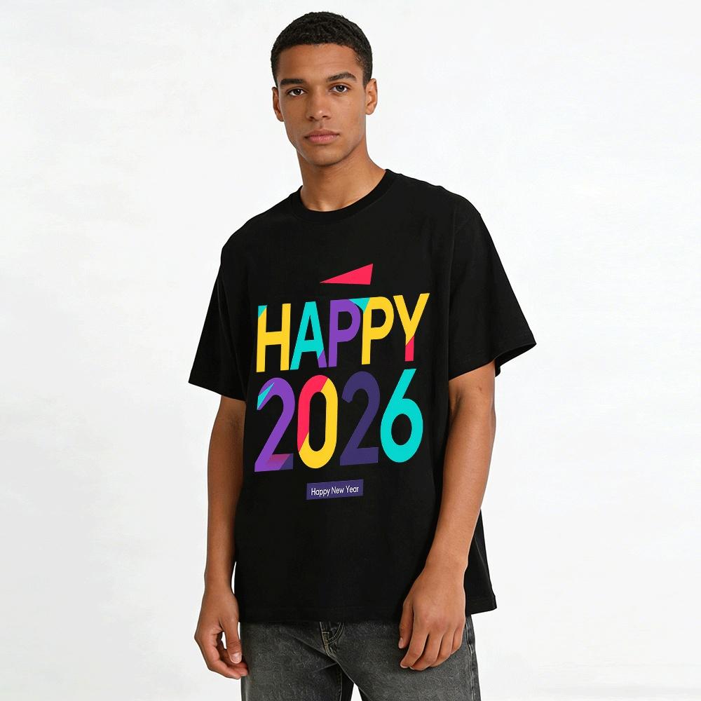 Happy 2026 New Year Color Block Print Casual Celebration Top Pure cotton T-shirt