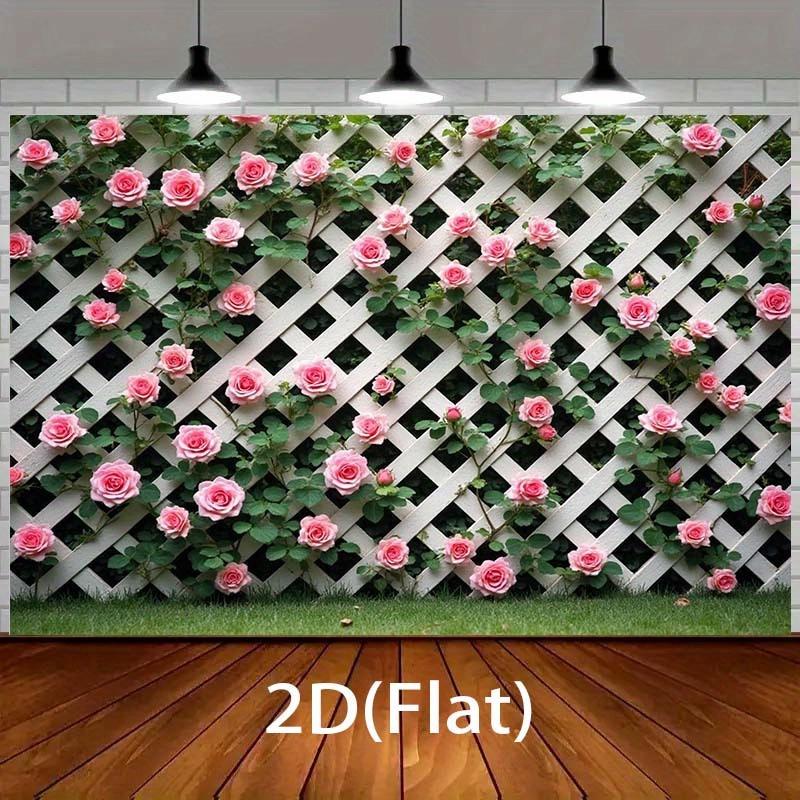1pc, 2D flat, pink rose climbing white wire mesh fence banner, suitable for birthday celebrations and background banners, wsj