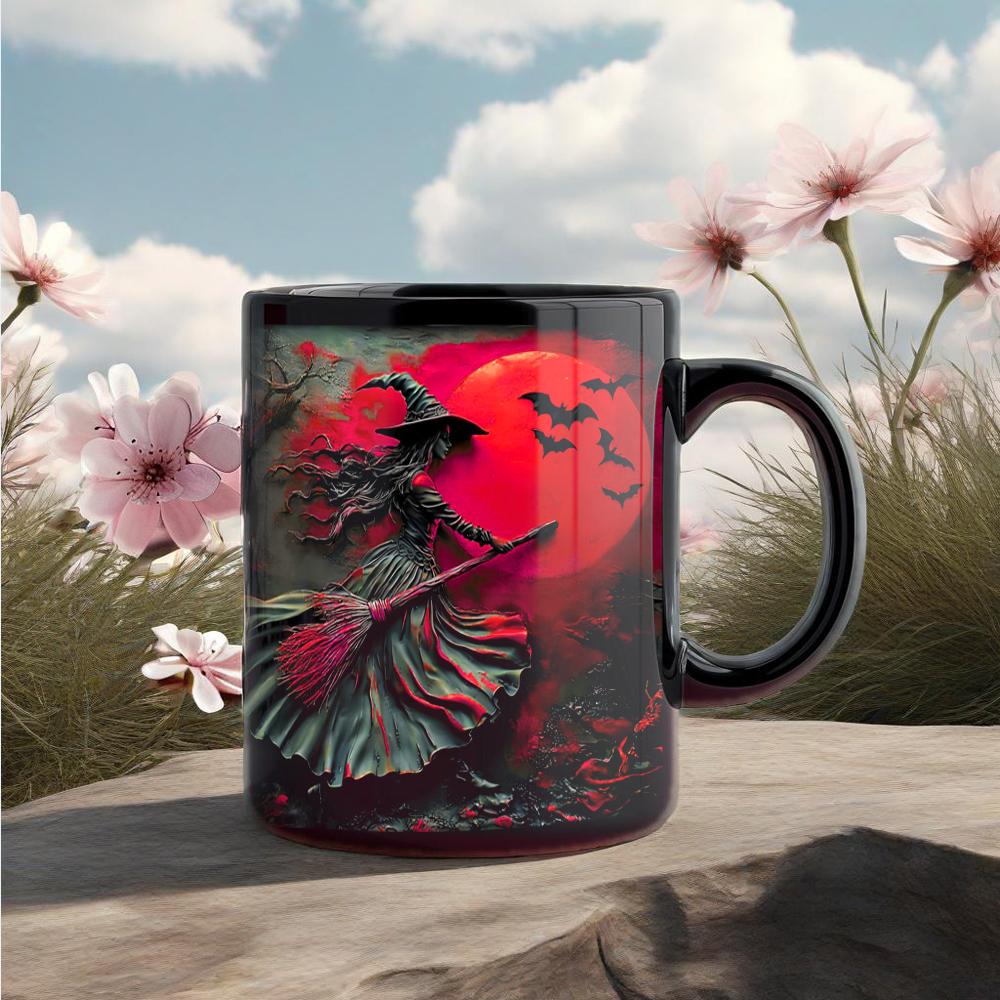 Керамическая кружка черного цвета с узором ведьмы на Хэллоуин 301-400ml