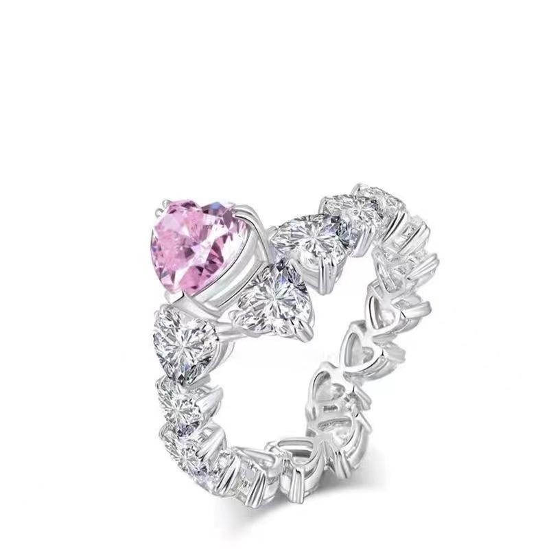 Korean Luxury Pink Heart Diamond Ring: Elegant High-Carbon Romantic Women's Jewelry