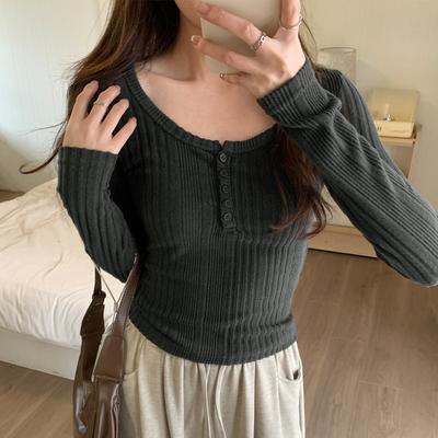 U-Ausschnitt Knopfleiste Slim Fit Langarm T-Shirt Damen Herbst Winter Kurz Vielseitiges Strickoberteil