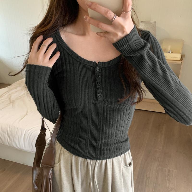 U Neck Button Front Slim Fit Long Sleeve Tee Women Autumn Winter Cropped Versatile Knit Top