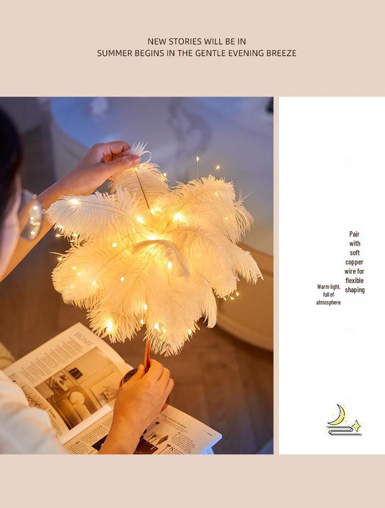 Ostrich Feather Table Lamp for Bedroom, Living Room, or Café Decor