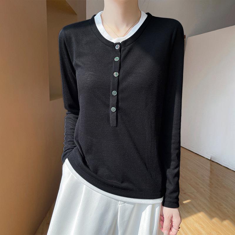 

Женский шикарный вязаный пуловер 2025: Круглый вырез, Имитация двойки, Приталенный топ для весны/лета L 105-120 lbs