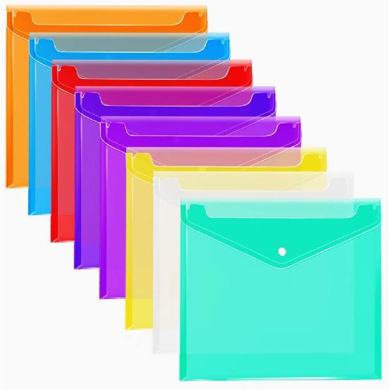 Plastic Envelopes (Pack of 8) - 8 Colors, A4 Size, Poly File Folder with Snap Closure for Home Office School Organization (12.9 x 9.25 inches)