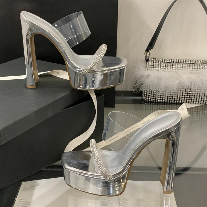 Eilyken Summer Design Style PVC Transparent Crystal Open Toe Slippers Women Chunky Platform Square Heels Shoes