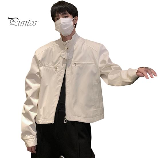 

Мужская куртка, пальто, застежка-молния, однотонный цвет, два боковых кармана, короткая куртка, воротник-стойка, длинный рукав, уличная одежда M белый