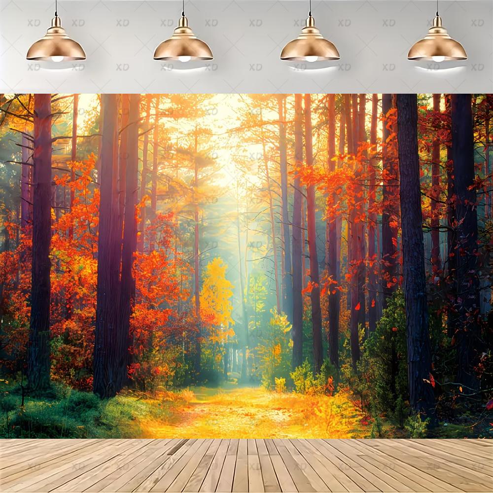 Rustic photographic backdrop: Maple forest, orange autumn leaves, pumpkin banner, for baby shower decorations4926