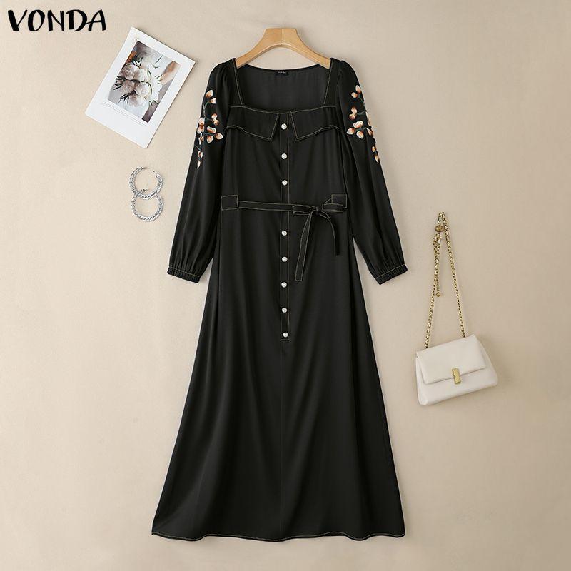 

VONDA Elegant Women Square Collar Long Sleeve Embroidery Patchwork Belt Casual Maxi Dress 5XL