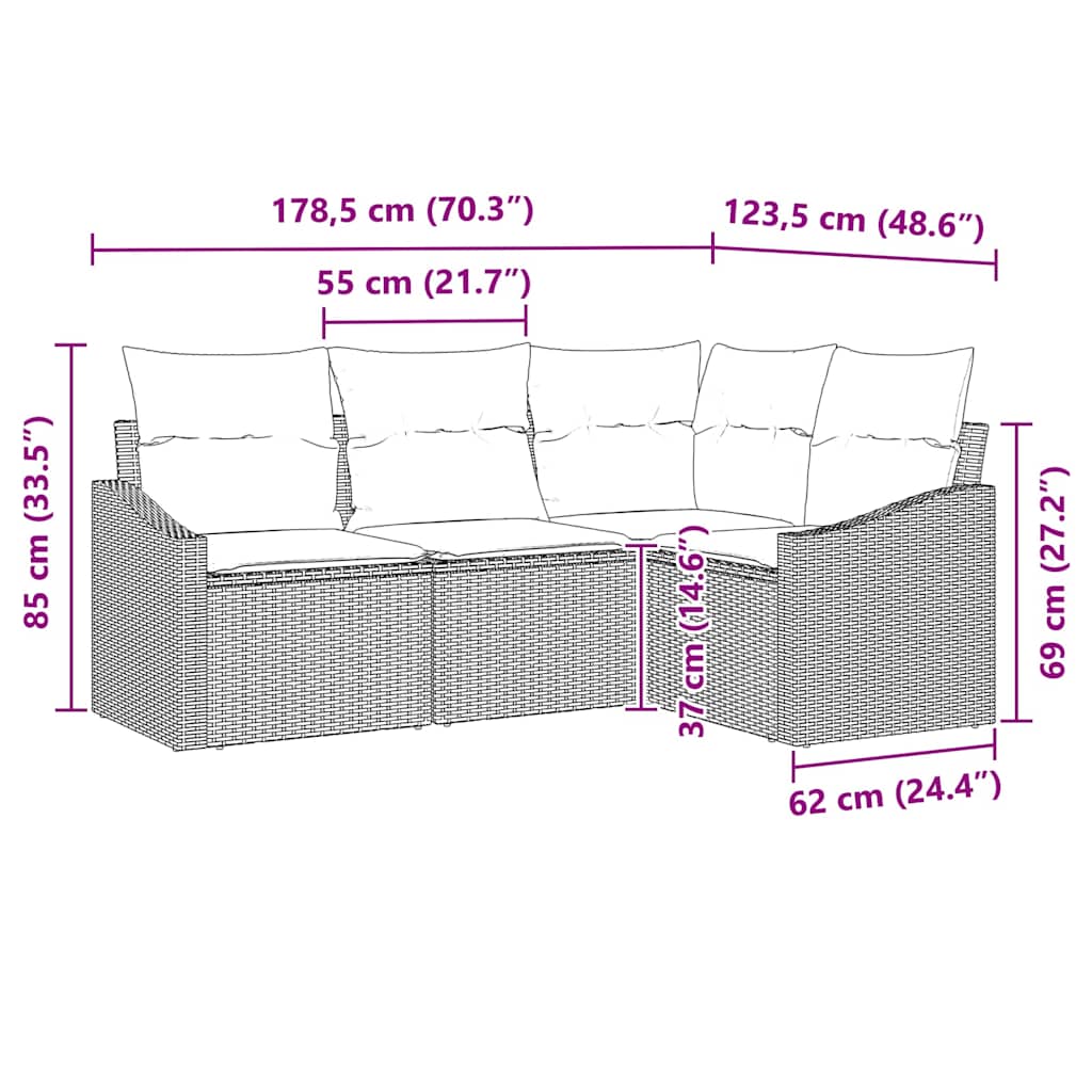 4 Piece Brown Poly Rattan Sofa Set with Cushions
