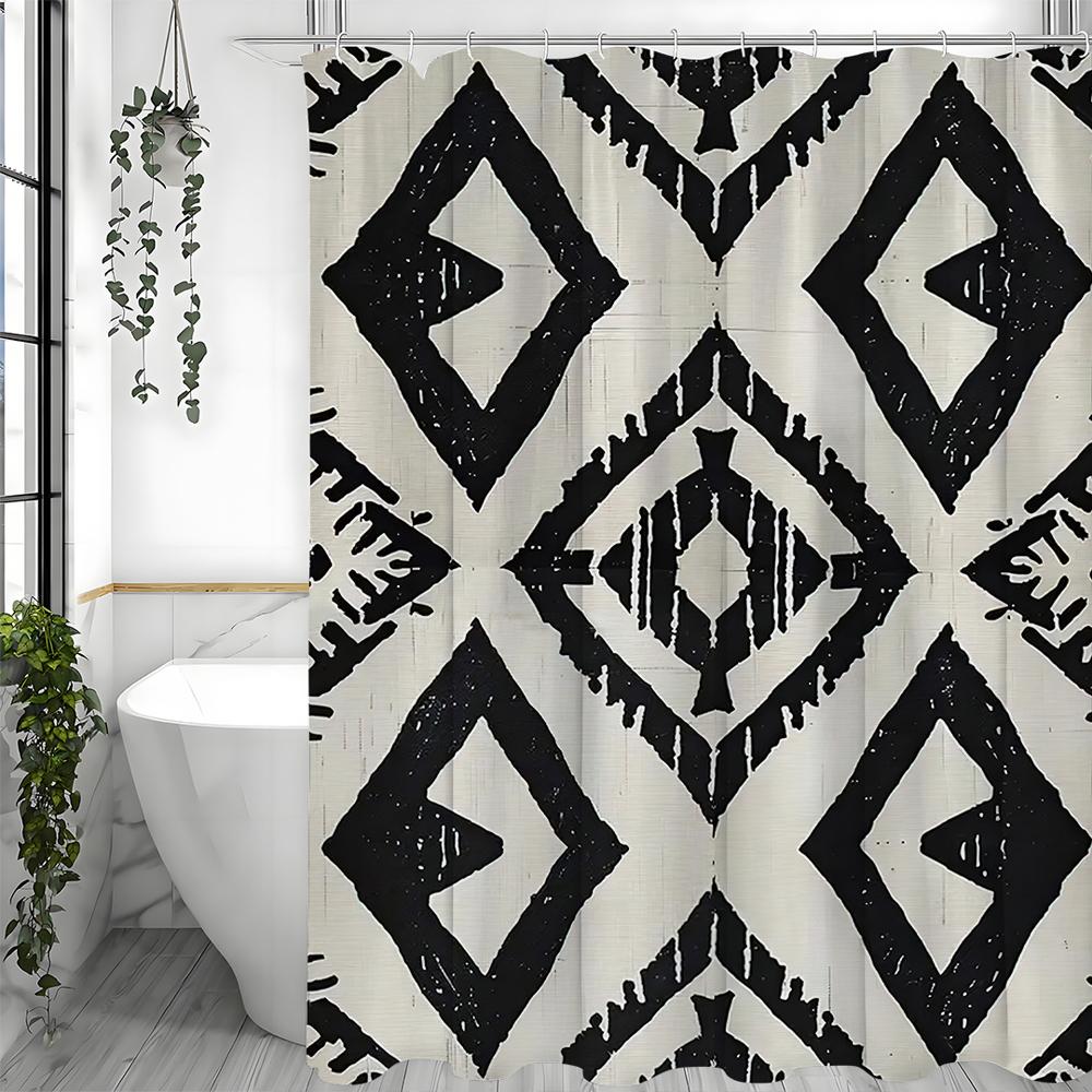 Black and Gray Geometric Shower Curtain, Bathroom Decorative Shower Curtain, Waterproof Shower Curtain with Hooks