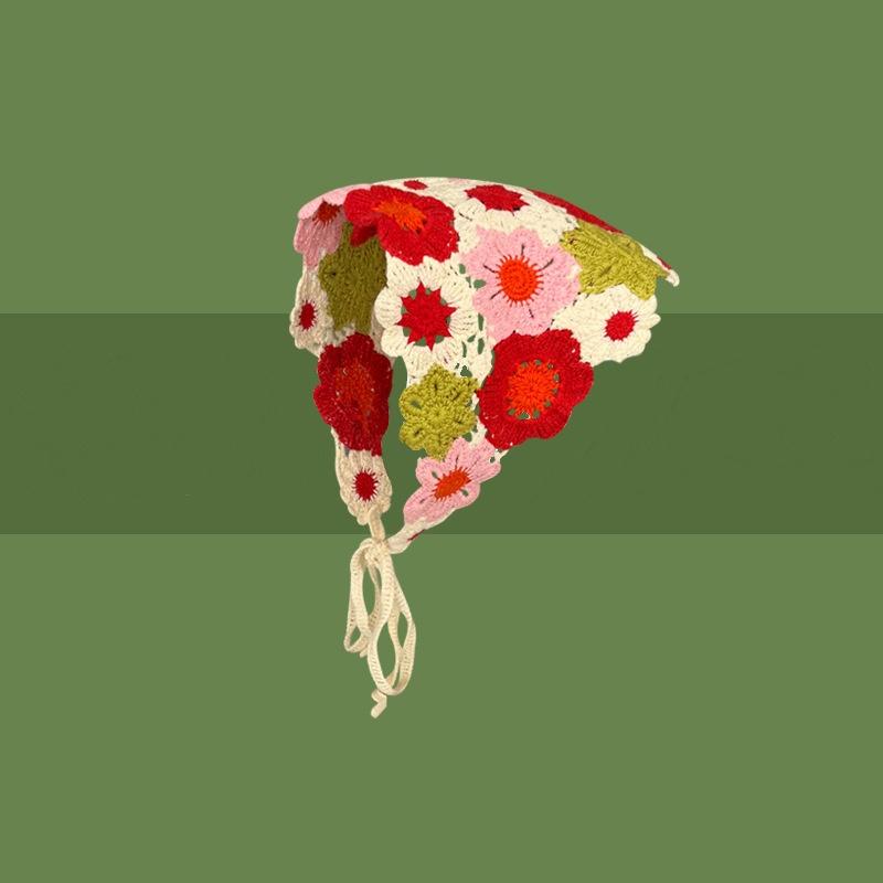 Korean Sweet Heart Hair Scarf Handmade Crochet Hollow Triangle Headband Towel Sweet Cute Strap Hair Bag Headscarf Hat