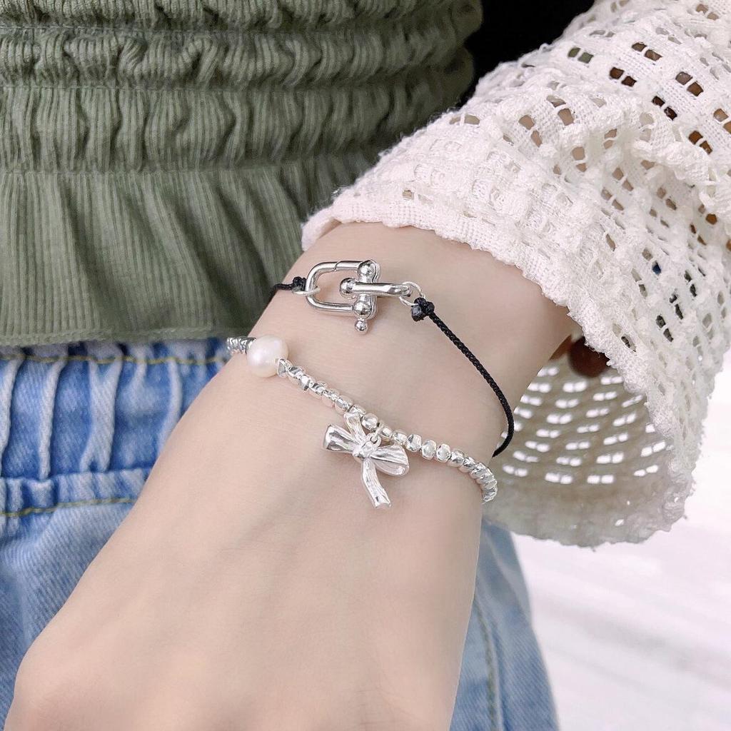 S925 Sterling Silver Bowknot Natural Pearl Bracelet, Simple Ins Design, Niche Jewelry B650S