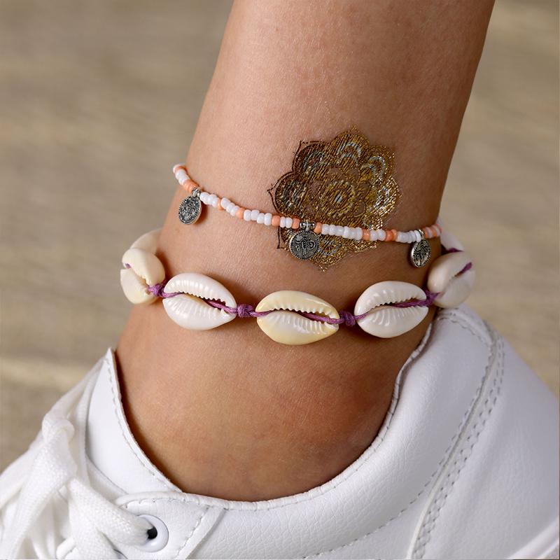 2 Pcs/set Simple Colorful Beads Acrylic Shell Cotton Rope Anklet Set Women Fashion Jewelry Gift
