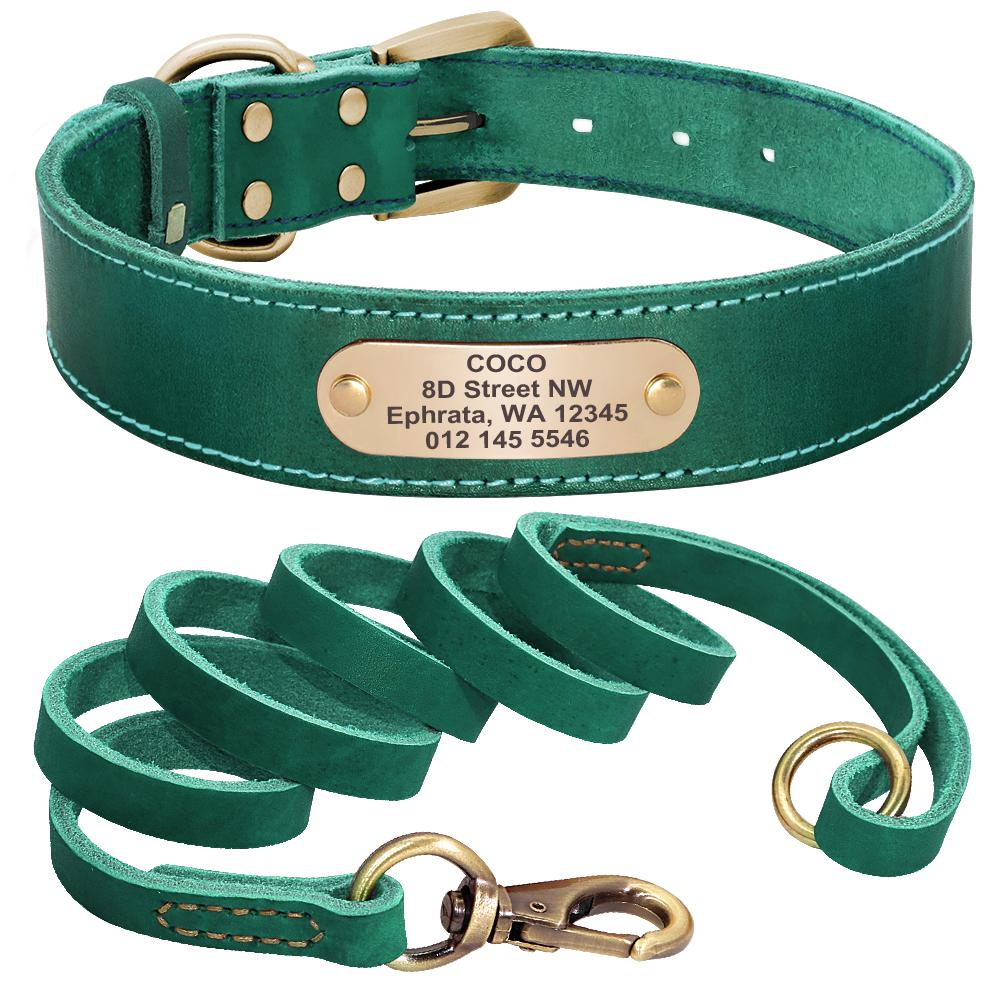 Personalized Dog Collar And Leash Set Real Leather Pet Collars Dogs Walking Lead Leash for Small Large Dogs Pitbull XXS-XL