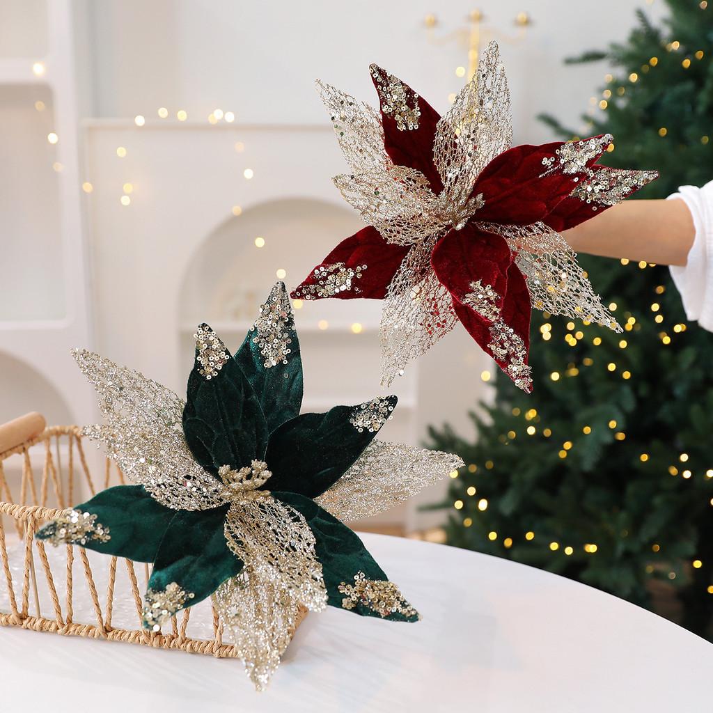 Simulated Flower Pendant With Sequins Design Christmas Home Decoration Prop For Holiday Decor And Diy Wreaths