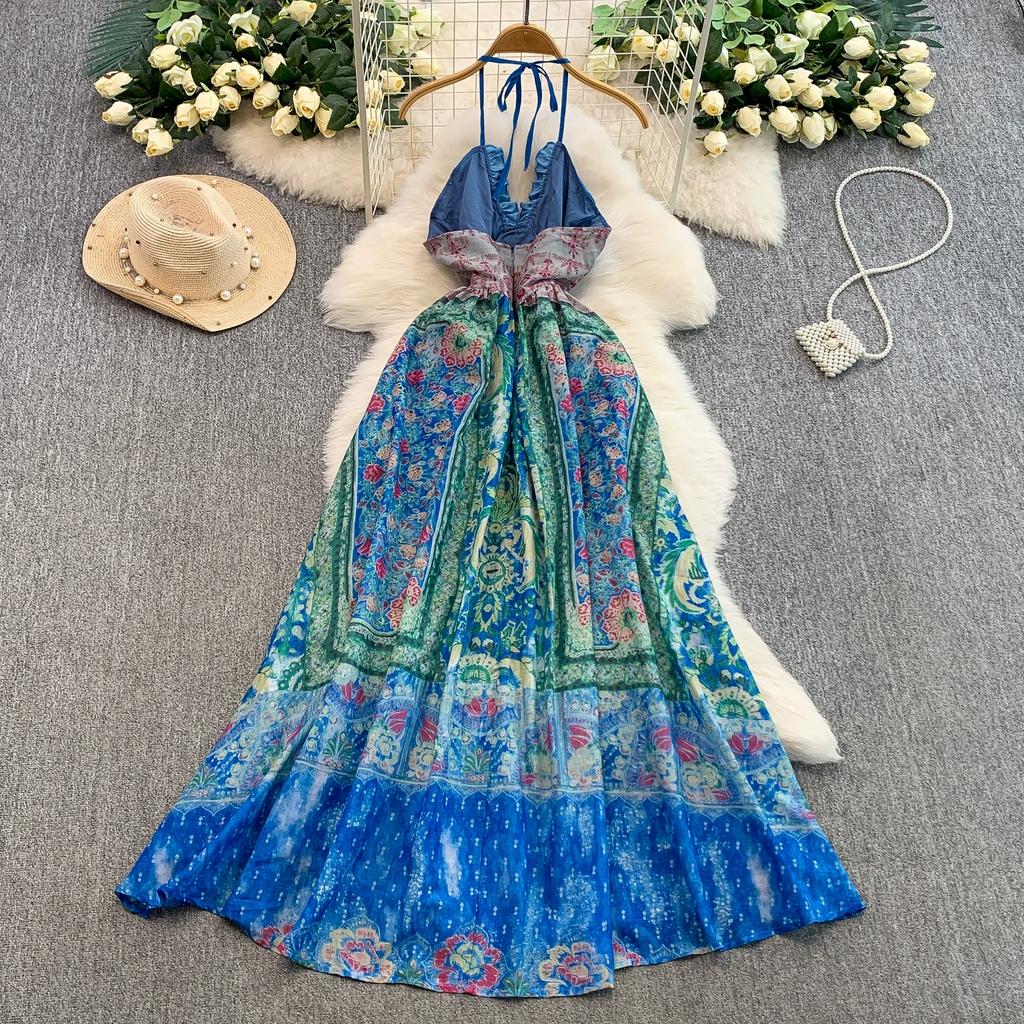 Summer Women Sexy Halter Open Back Print Long Maxi Holiday Beach Dresses