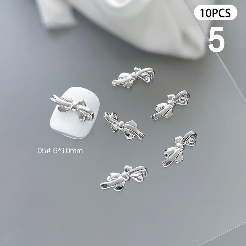 10 Pcs Glossy Silver Ribbon Nail Art Charm 3D Metal Alloy Bows Silk Ribbon Nail Decoration Diy Retro Metallic Nail Accessories
