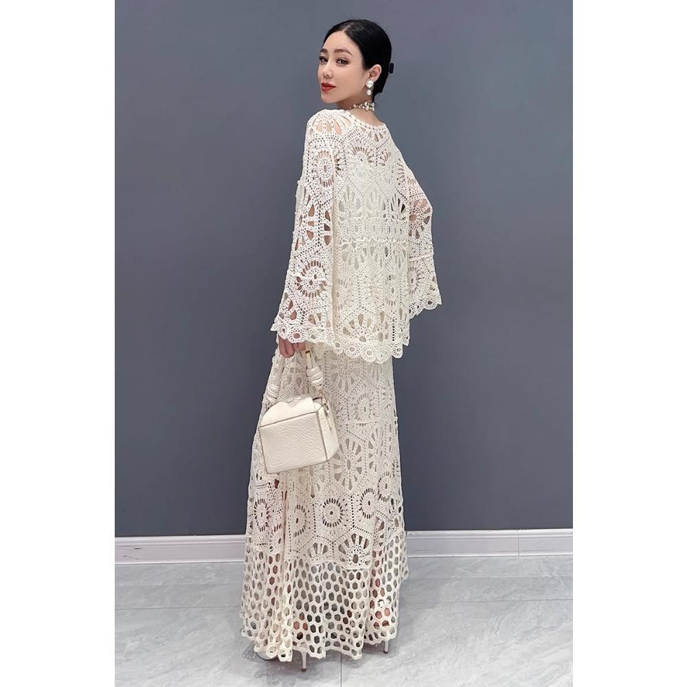 DIMANAF 2025 Neue Rock Anzug Frauen Strand Kurzarm Spitze Stricken Aushöhlen Sexy Oansatz Hohl Sommer Stil Tops Tees Lose grundlegende