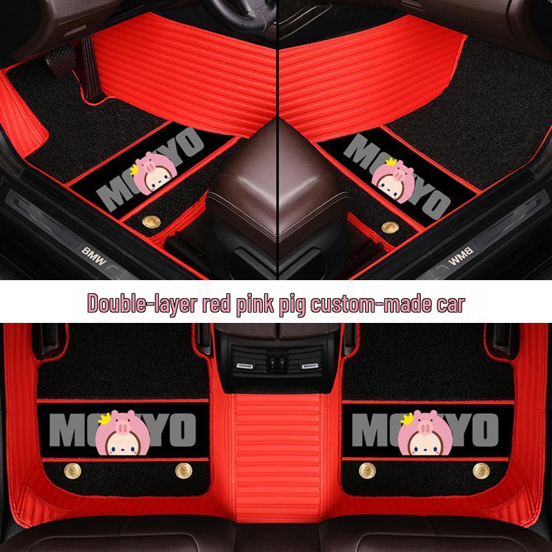Custom Leather Car Floor Mats for Women - Cartoon Design, Double-Layer, Full Coverage