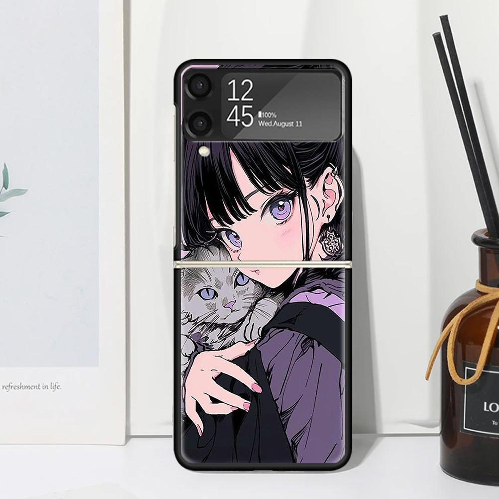 Anime Girls Cute Black Cat Phone Case Cover for Samsung Galaxy Z Flip 7 6 5 4 3 5G Flip3 Flip4 Flip5 ZFlip6 ZFlip7 Black Fundas