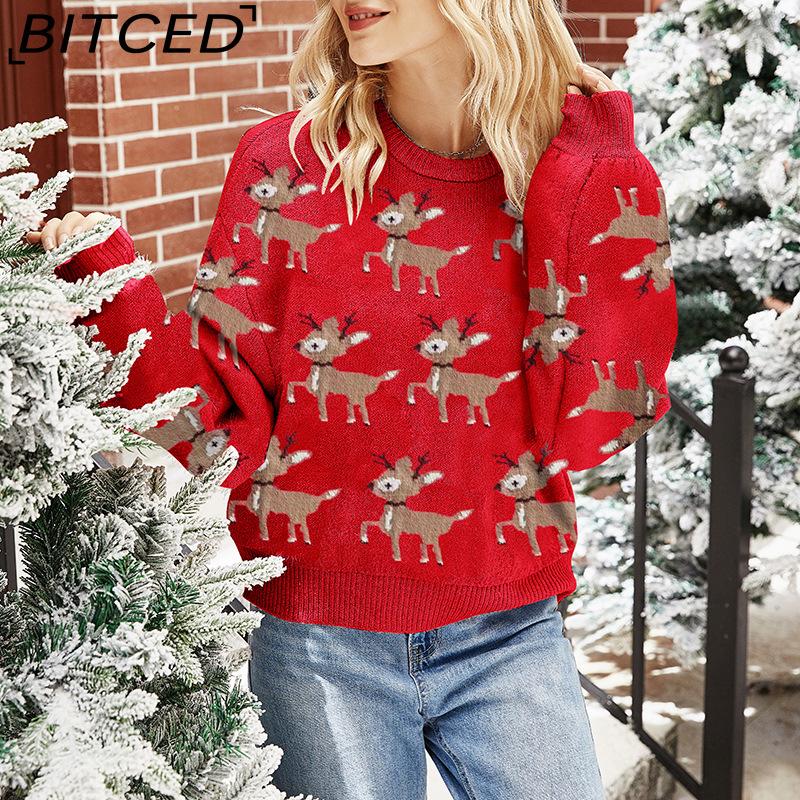 BITCED Women's Red Christmas Sweater with Deer Jacquard Pattern Relaxed Fit, Cute Long-Sleeved Pullover Knit