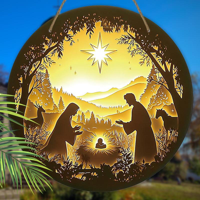 Nativity Wooden Christmas Sign - Jesus Navidad Round Sign for Front Door Wall Hanging Decor - Ideal Christmas Decoration