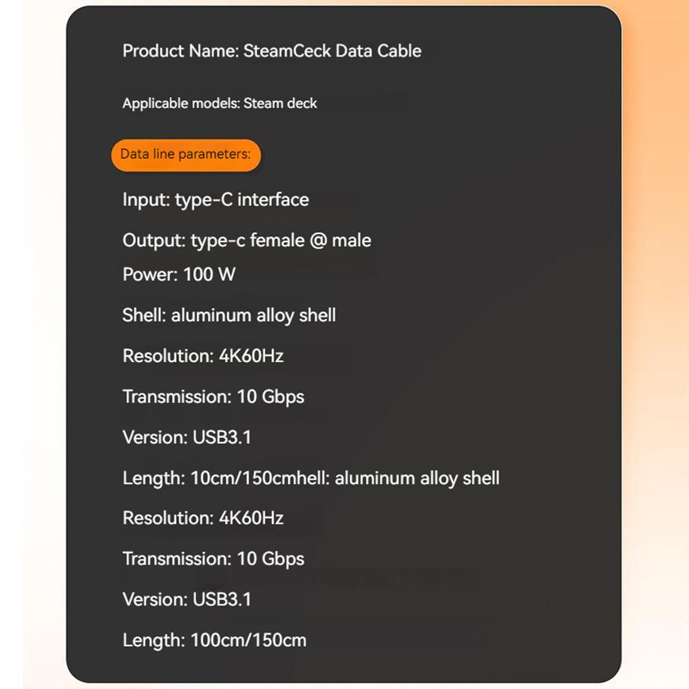 Gen2 Type-c To Type-c Data Cable Usb3.1 Hd Output Pd100w Charging 3d Elbow Projection Line Compatible For Steam Deck