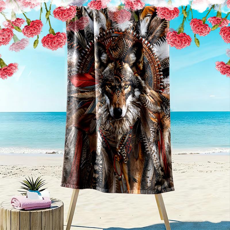 Native Indian Wolf Print Beach Towel, Large Soft Quick Dry Towel for Beach Camping Swimming
